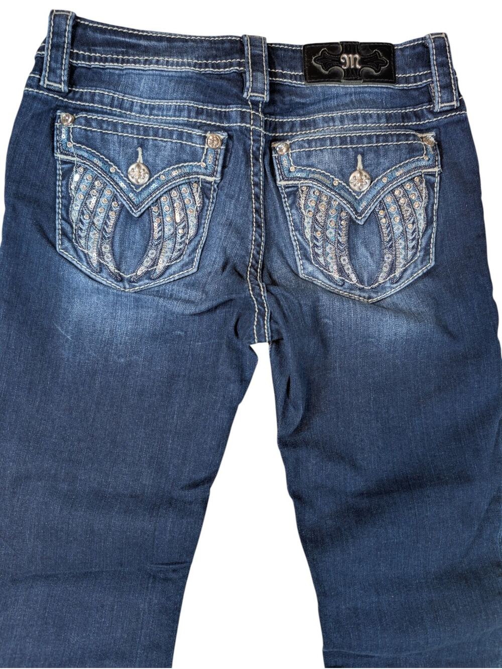 Women’s Skinny Jeans Miss Me Angel Wing Rhinestone Flap Pockets Size 27